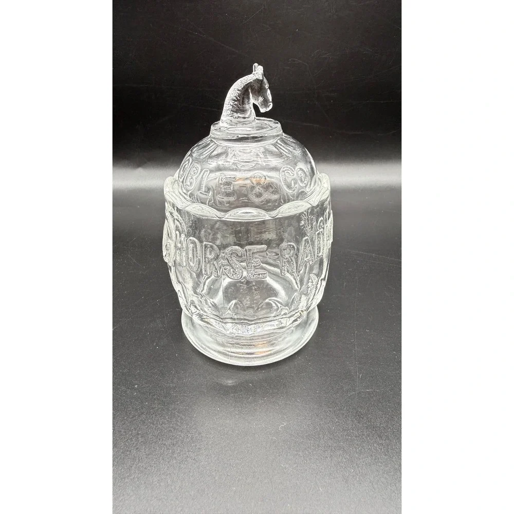 Vintage Heinz Noble & Co Horse Radish Clear Glass Jar with Horse Head Lid